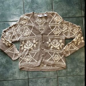 VTG Chunky Knit Heirlooms Floral Coquette Beige Tan Brown Sweater